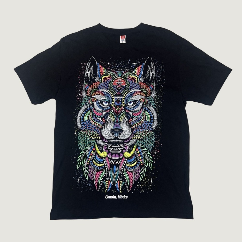 Cancun Mexico Wolf Graphic T-Shirt Black Psychedelic Geometric Art Mens Large